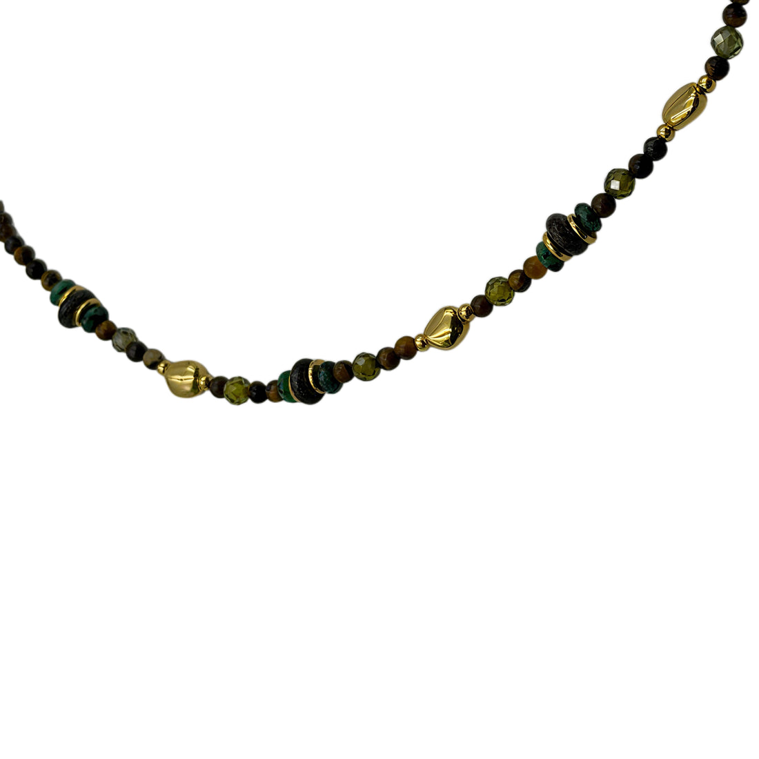 Vintage Green Natural Stone Beaded Choker Necklace, 18K Gold Plated Copper Mixed Gemstone Adjustable Beaded Necklace For Women
