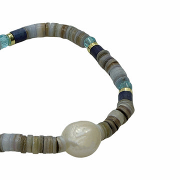 Coastal Shell Disc Baroque Pearl Stretch Bracelet, 18K Gold Plated Copper Blue Crystal Beaded Elastic Bracelet For Women