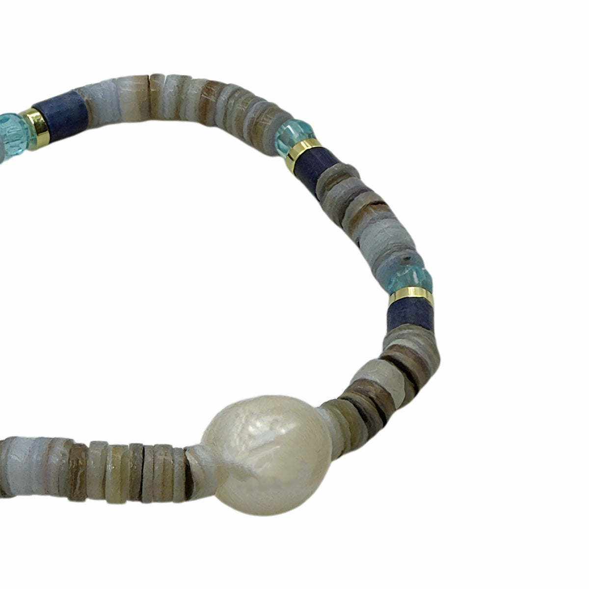 Coastal Shell Disc Baroque Pearl Stretch Bracelet, 18K Gold Plated Copper Blue Crystal Beaded Elastic Bracelet For Women