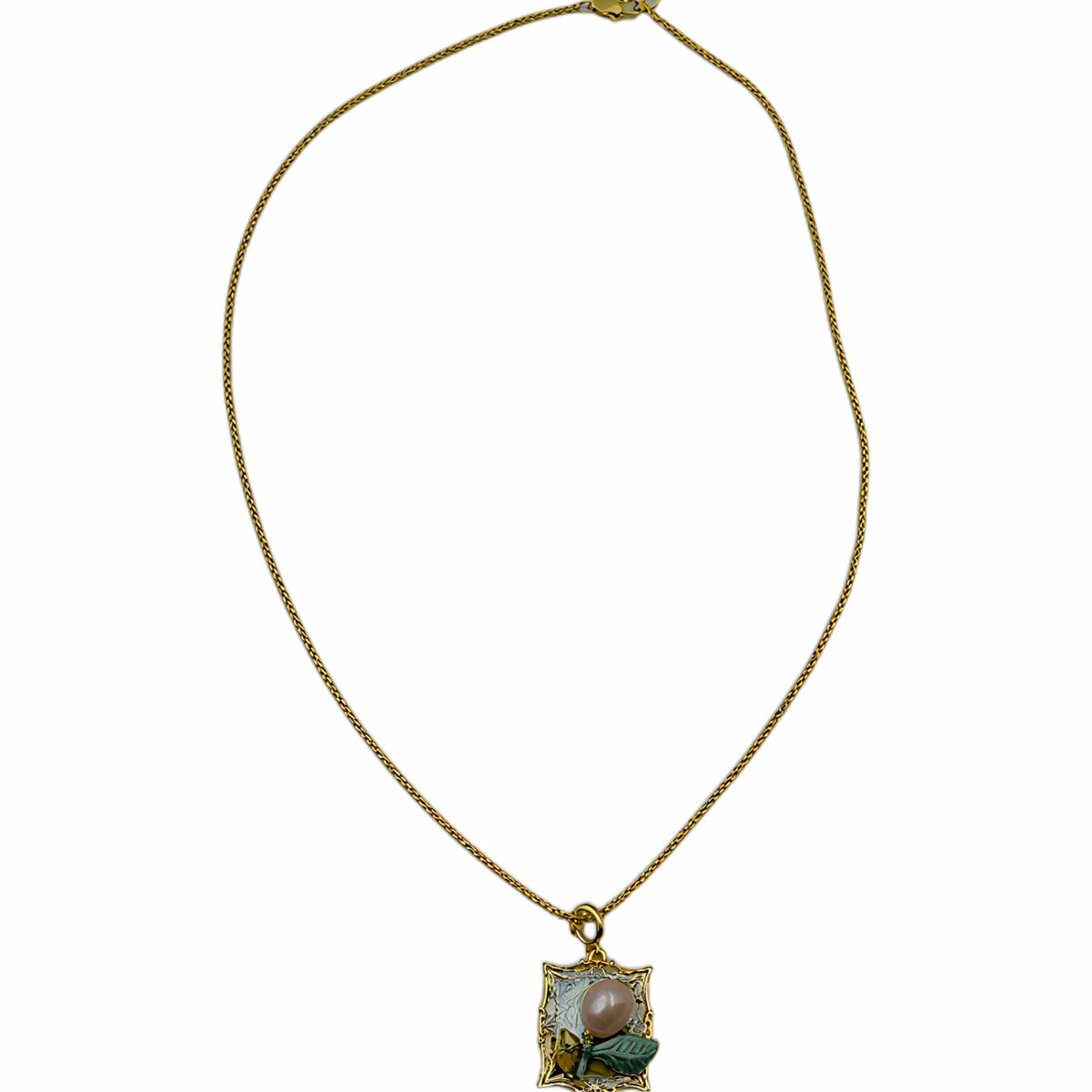 Vintage Square Enamel Pendant Necklace, 18K Gold Plated Copper Green Leaf Baroque Pearl Box Chain Statement Jewelry For Women
