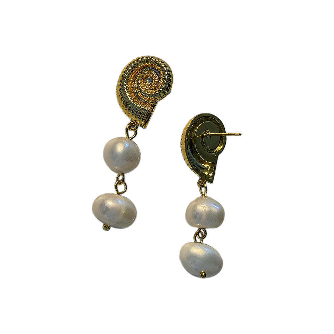 Vintage Spiral Conch Baroque Pearl Drop Earrings, 18K Gold Plated Copper Ocean Shell Dangle Earrings For Women