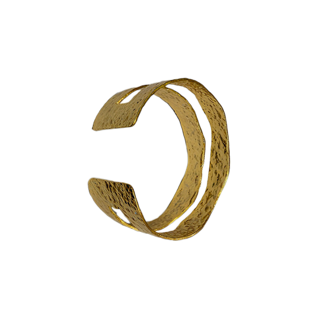 18K Gold Hammered Double Band Cuff Bracelet | Textured Open Adjustable Wide Bangle