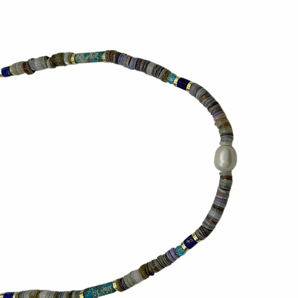 Bohemian Mixed Disc Stone Baroque Pearl Beaded Necklace, 18K Gold Plated Copper Multicolor Beaded Choker With Extension Chain For Women