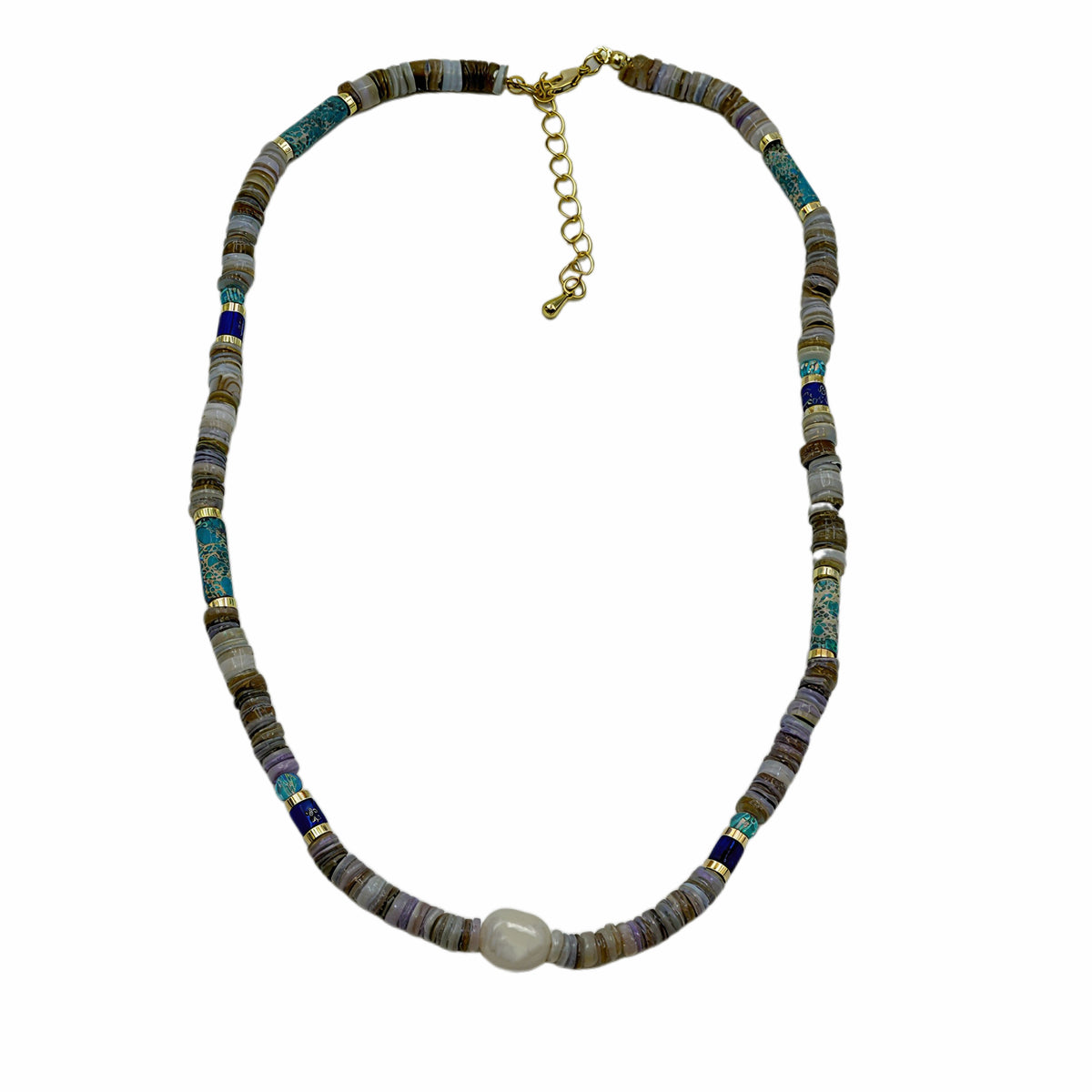 Bohemian Mixed Disc Stone Baroque Pearl Beaded Necklace, 18K Gold Plated Copper Multicolor Beaded Choker With Extension Chain For Women