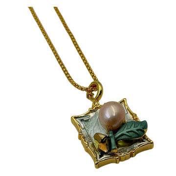 Vintage Square Enamel Pendant Necklace, 18K Gold Plated Copper Green Leaf Baroque Pearl Box Chain Statement Jewelry For Women