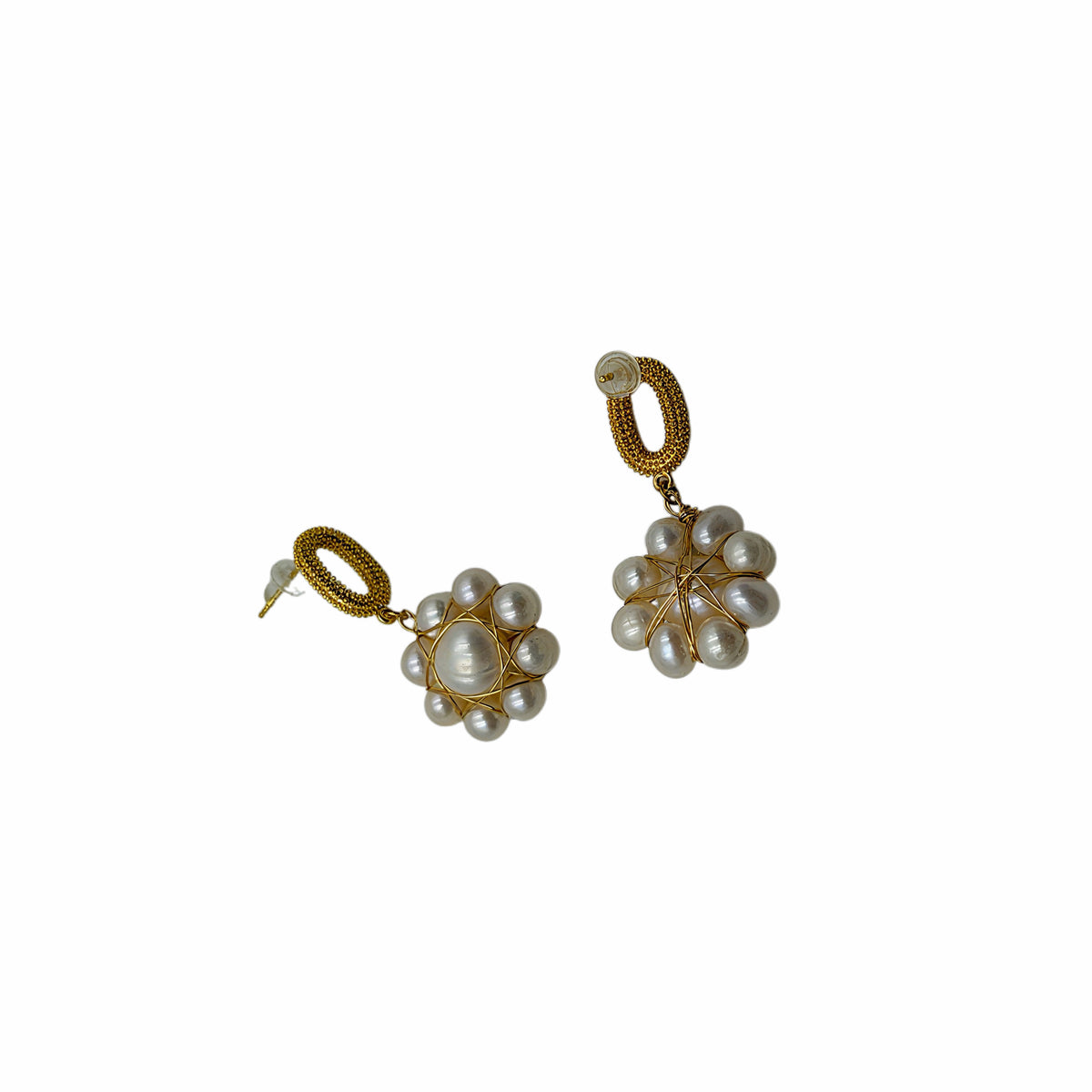 Vintage Wire Wrapped Pearl Cluster Drop Earrings, 18K Gold Plated Textured Oval Hoop Pearl Ball Dangle Earrings For Women