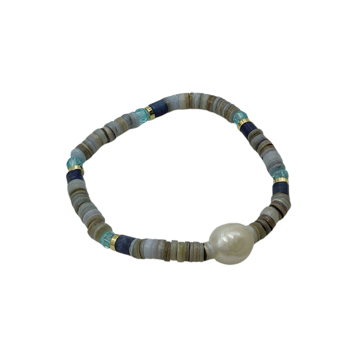 Coastal Shell Disc Baroque Pearl Stretch Bracelet, 18K Gold Plated Copper Blue Crystal Beaded Elastic Bracelet For Women