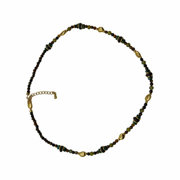 Vintage Green Natural Stone Beaded Choker Necklace, 18K Gold Plated Copper Mixed Gemstone Adjustable Beaded Necklace For Women