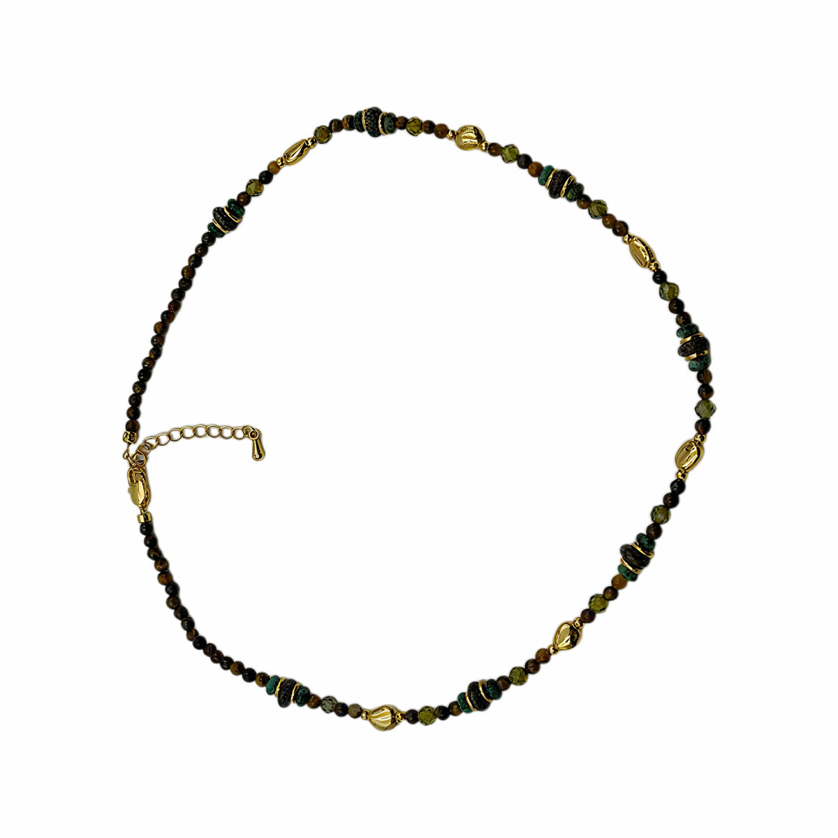 Vintage Green Natural Stone Beaded Choker Necklace, 18K Gold Plated Copper Mixed Gemstone Adjustable Beaded Necklace For Women