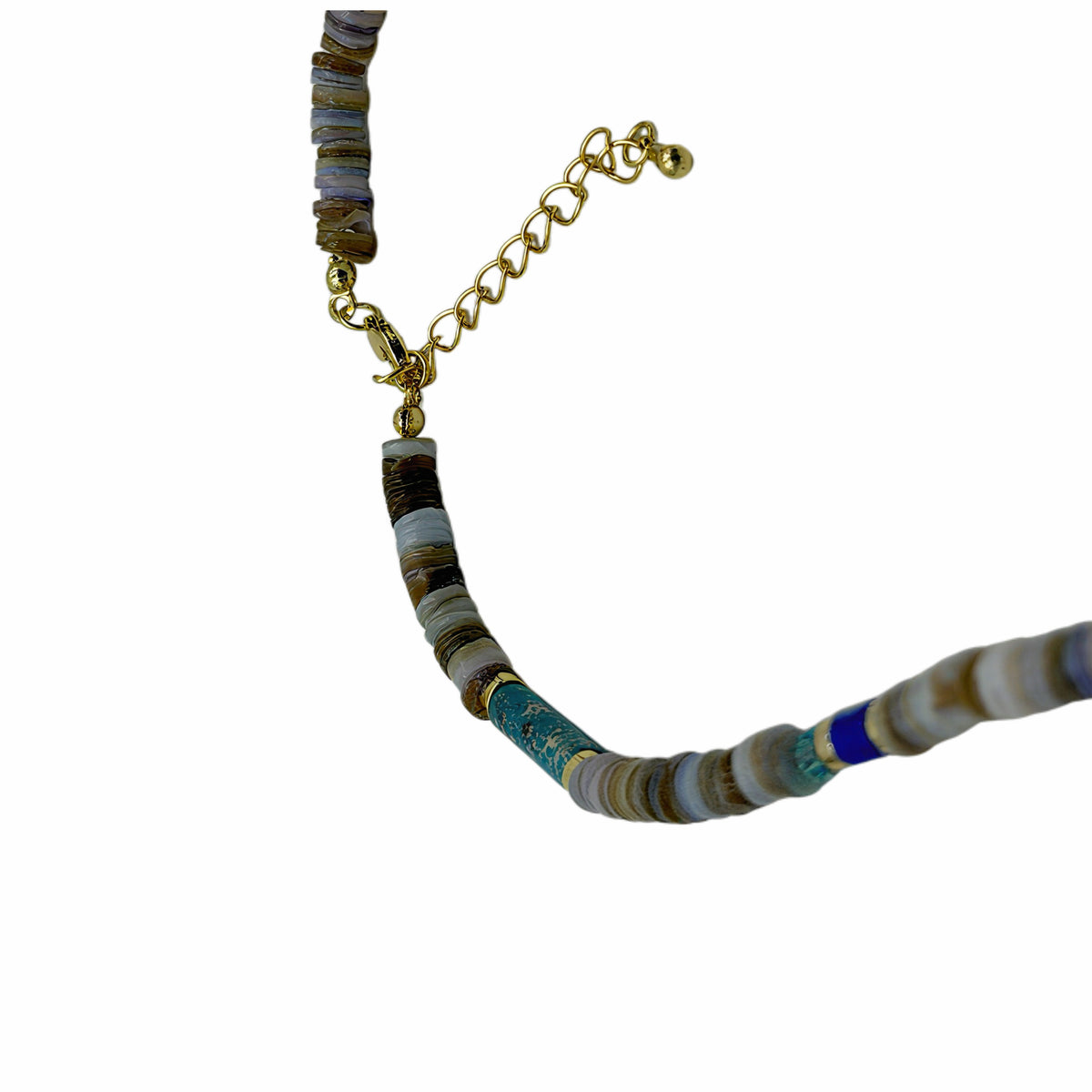 Bohemian Mixed Disc Stone Baroque Pearl Beaded Necklace, 18K Gold Plated Copper Multicolor Beaded Choker With Extension Chain For Women