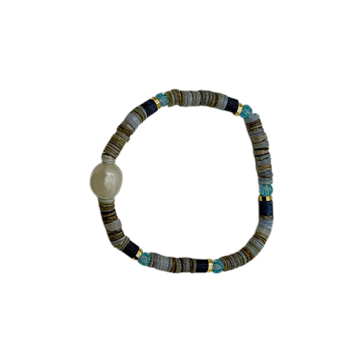 Coastal Shell Disc Baroque Pearl Stretch Bracelet, 18K Gold Plated Copper Blue Crystal Beaded Elastic Bracelet For Women