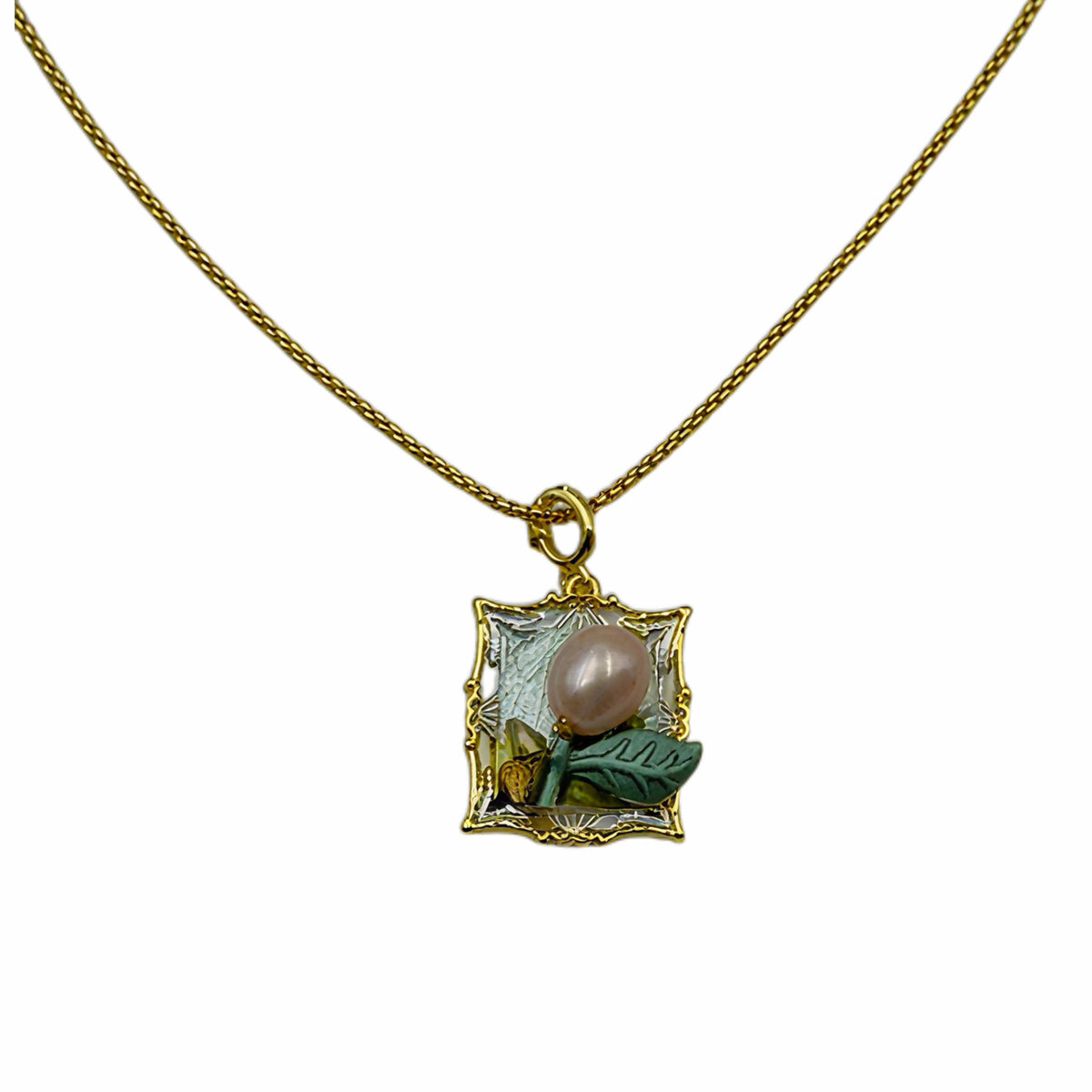 Vintage Square Enamel Pendant Necklace, 18K Gold Plated Copper Green Leaf Baroque Pearl Box Chain Statement Jewelry For Women