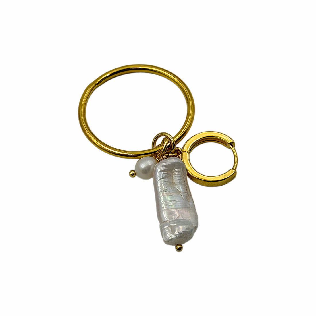 Asymmetric Key & Crystal Baroque Pearl Hoop Earrings, 18K Gold Plated Copper Mismatched Dangle Earrings For Women