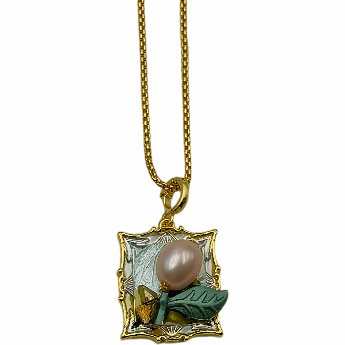 Vintage Square Enamel Pendant Necklace, 18K Gold Plated Copper Green Leaf Baroque Pearl Box Chain Statement Jewelry For Women