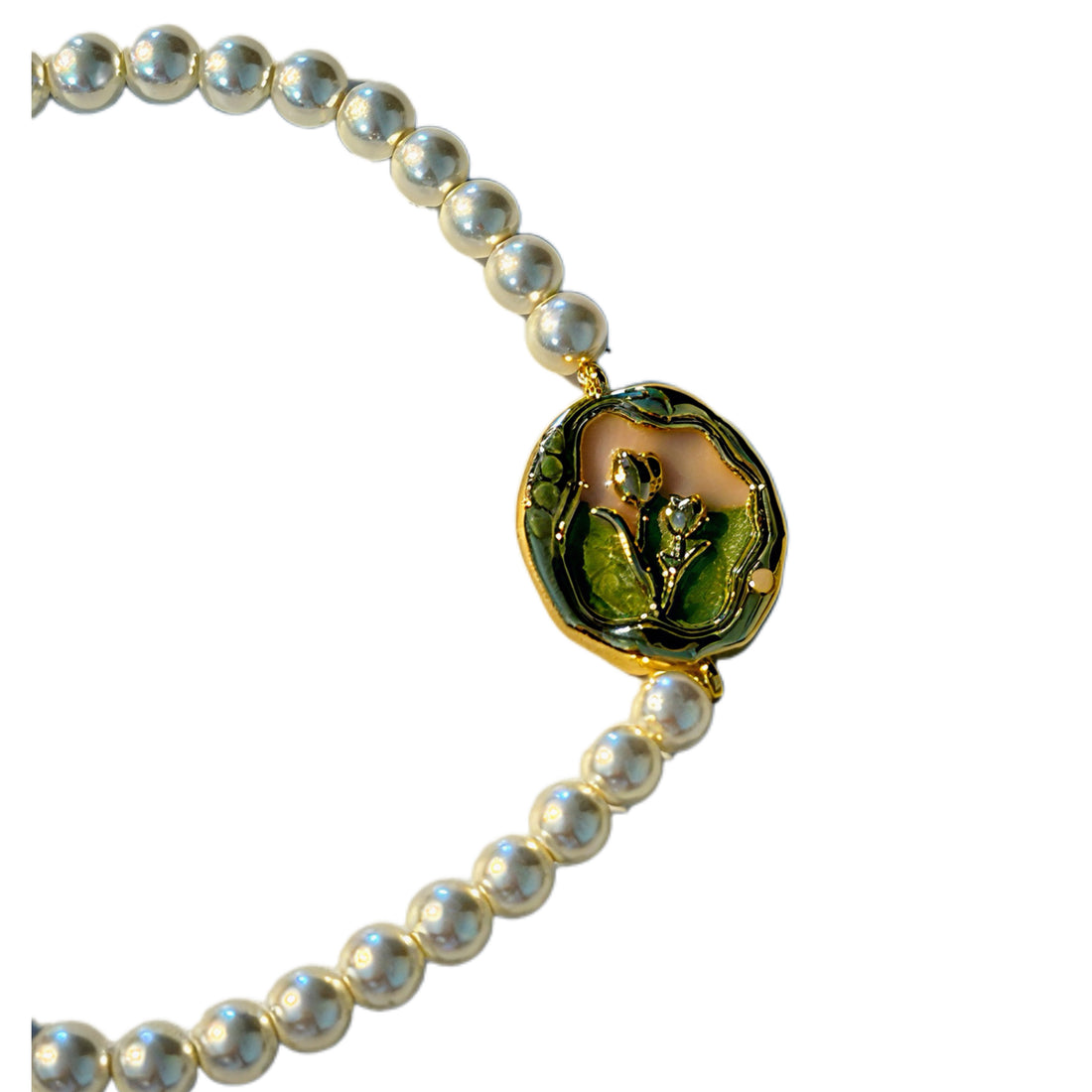 Vintage Lotus Enamel Pearl Beaded Bracelet, 18K Gold Plated Copper Floral Charm Adjustable Pearl Bracelet For Women
